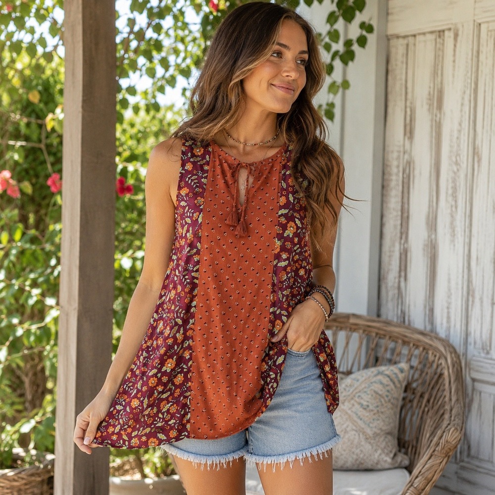 Matilda Jane Floral Sleeveless Swing Tunic Top Tassel Tie Boho Blouse Women's XS